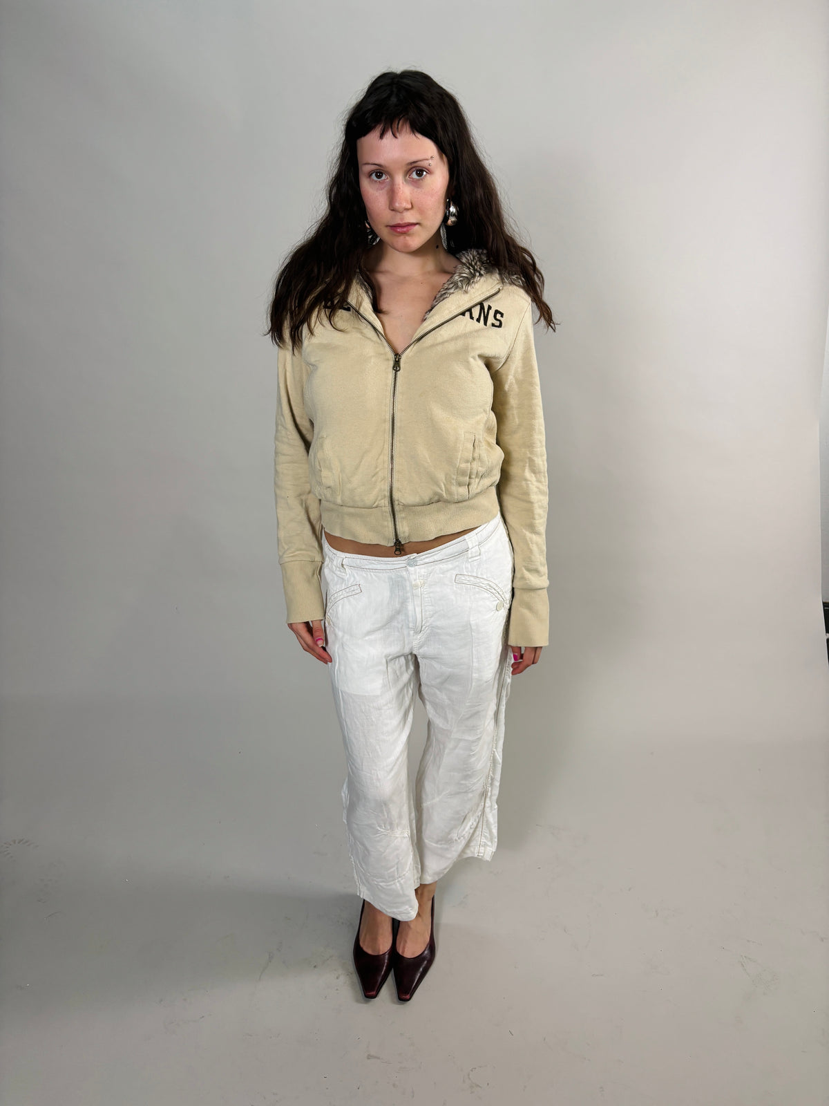 beige fur zip hoodie
