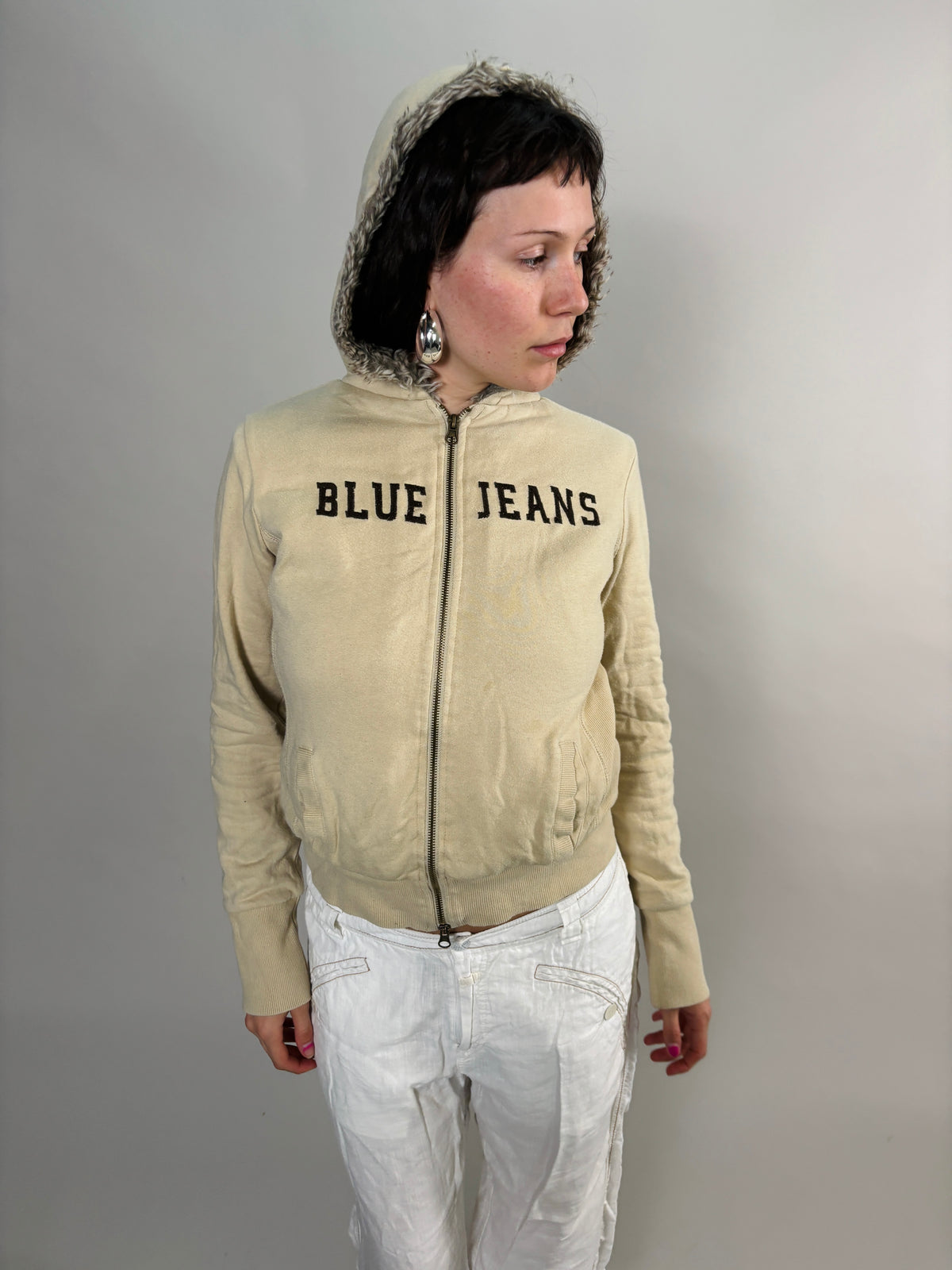 beige fur zip hoodie