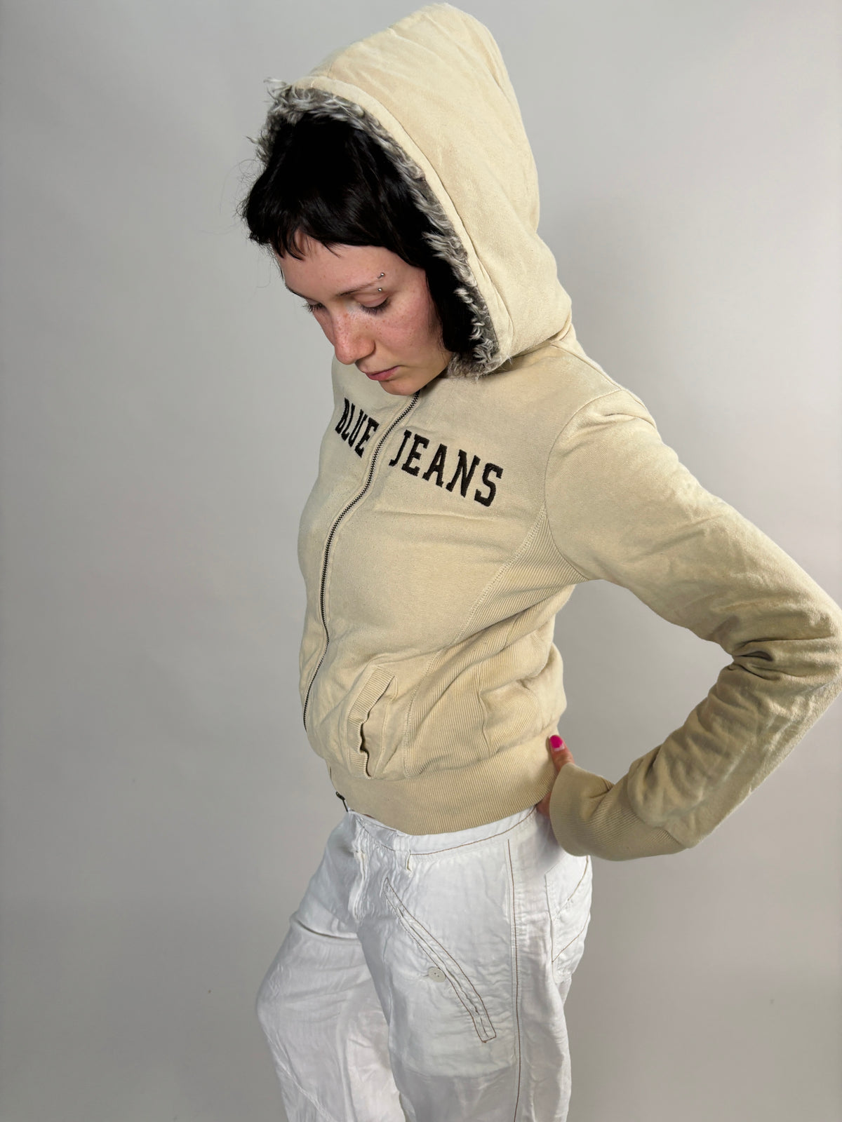 beige fur zip hoodie