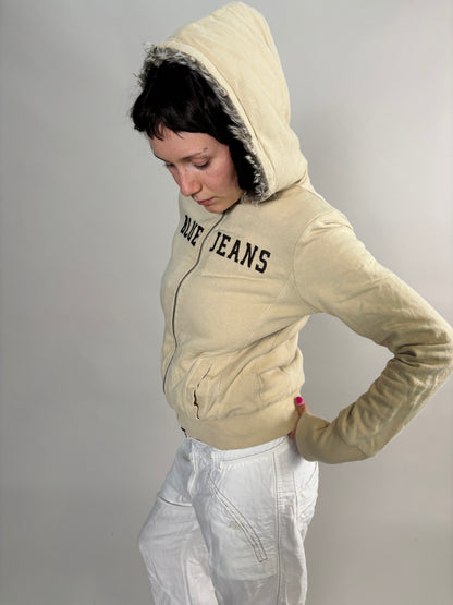 beige fur zip hoodie