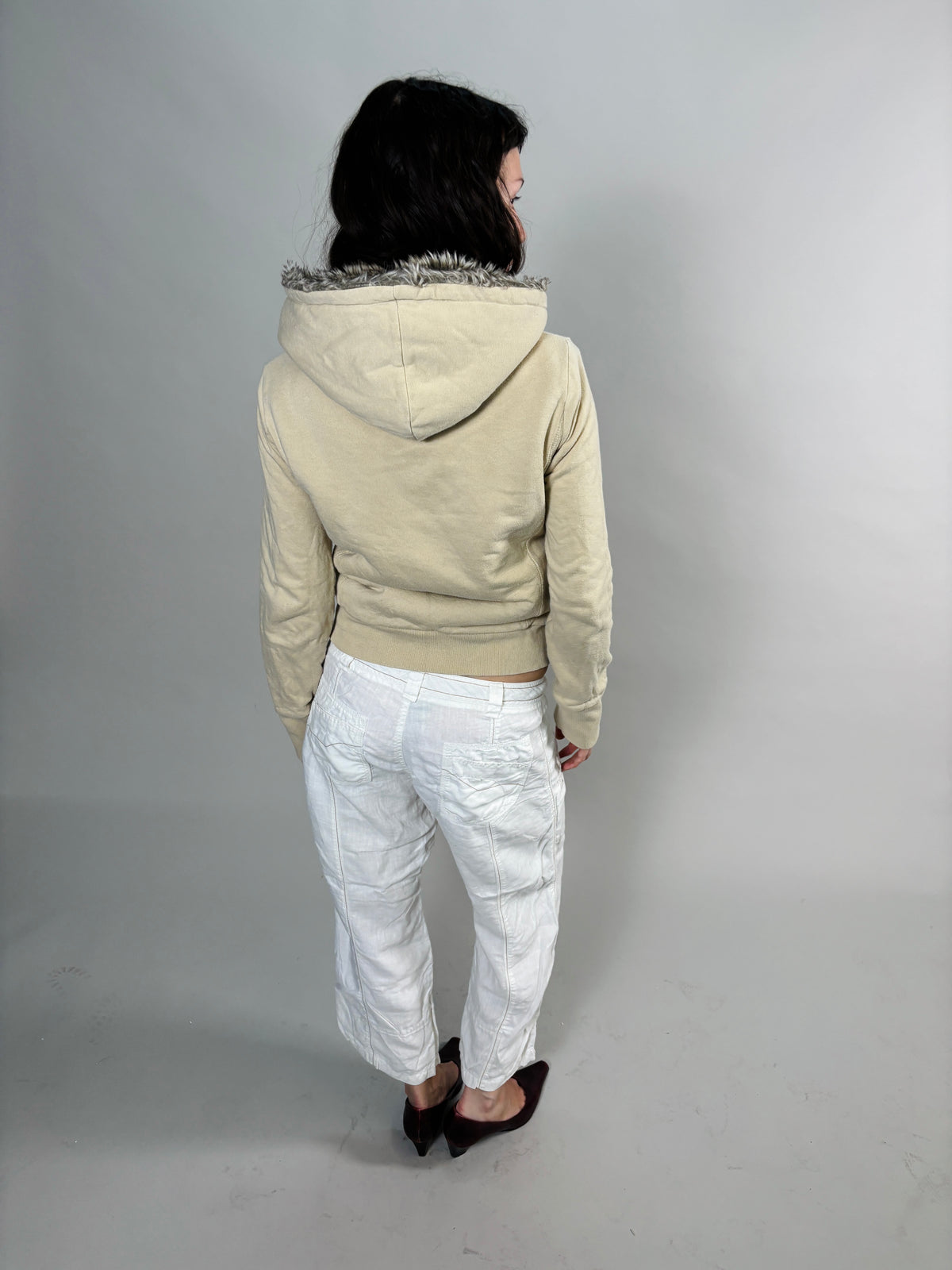 beige fur zip hoodie