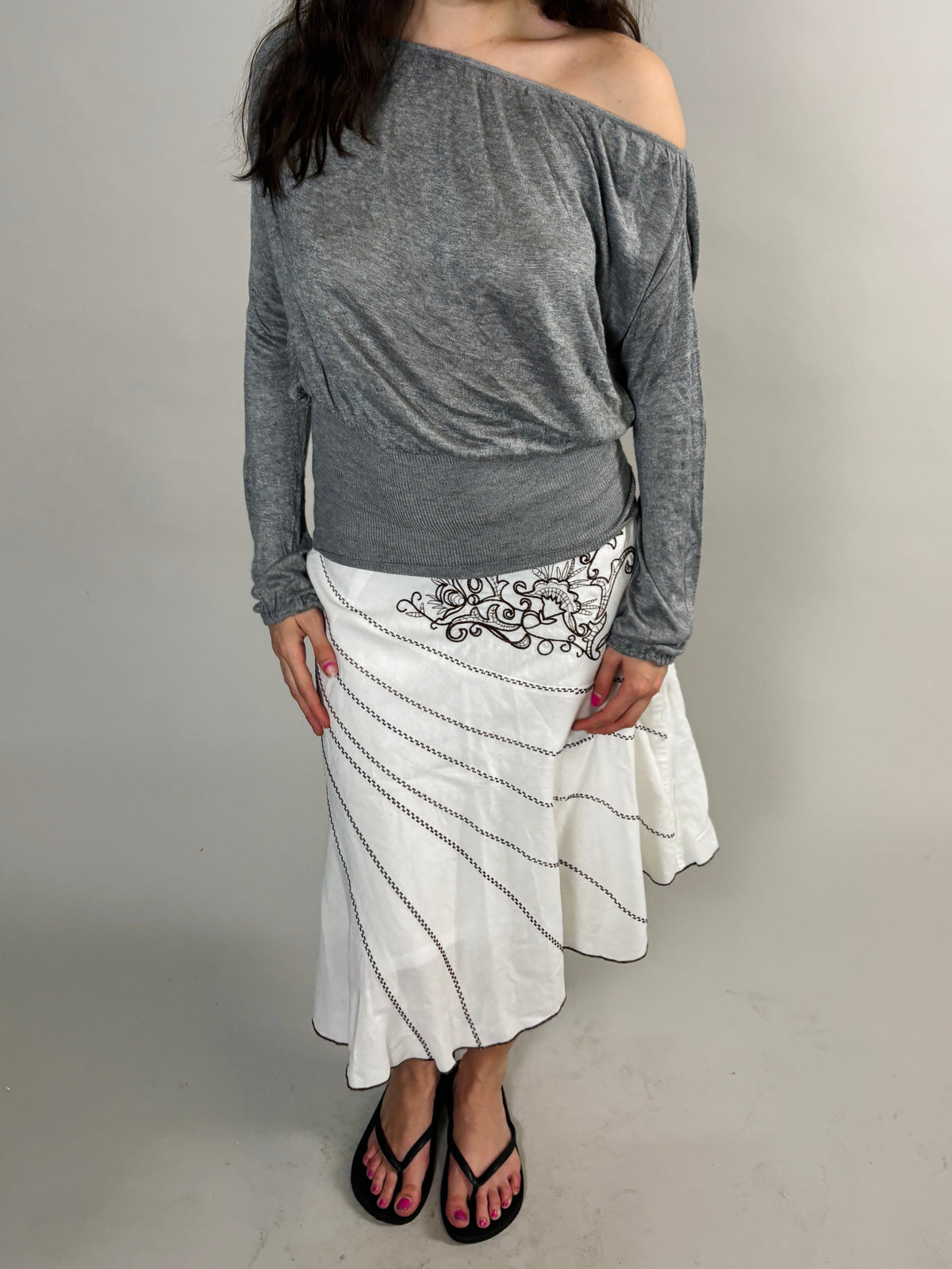 grey flowy blouse