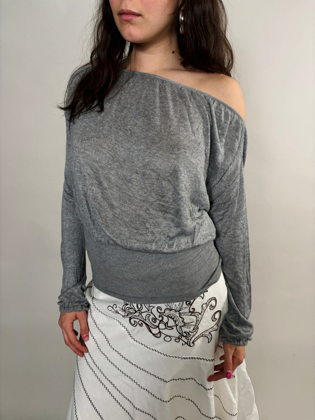 grey flowy blouse