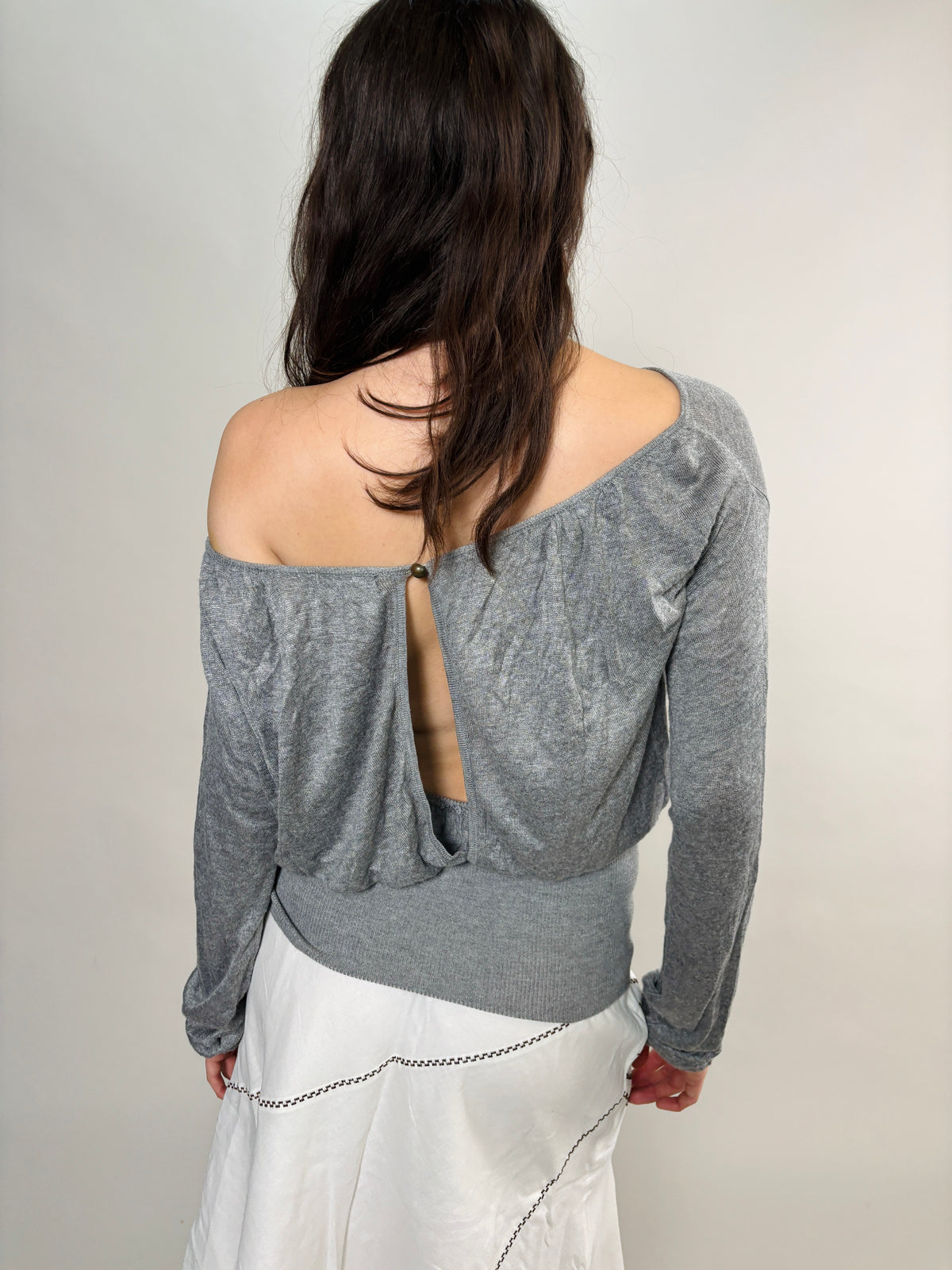 grey flowy blouse
