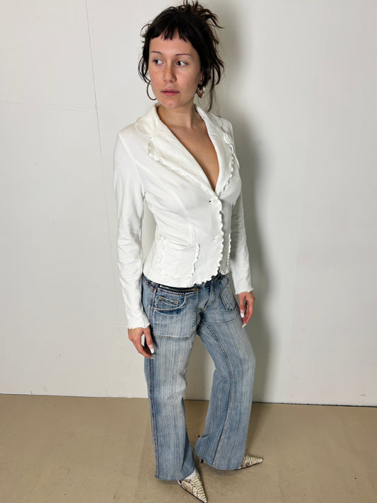 white ruffled sweat blazer