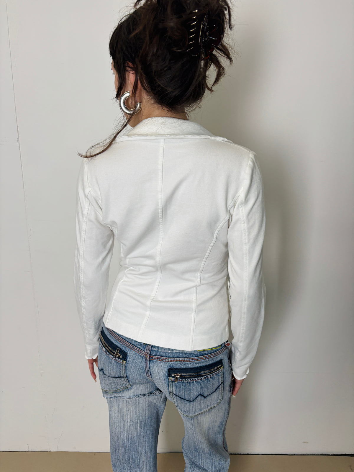 white ruffled sweat blazer