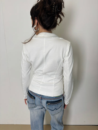 white ruffled sweat blazer
