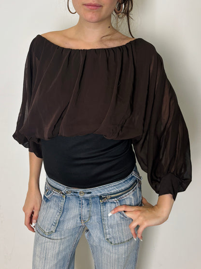 brown and black flowy blouse